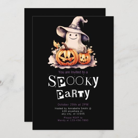 Niedlich Ghost in grauer Hexenhut Halloween Einladung (Vorne/Hinten)