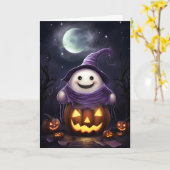 Niedlich Ghost Jack-o'-Laterne Halloween Karte (Gelbe Blume)