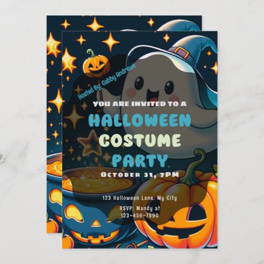 Niedlich Ghost Jack-O' Laternensterne Rosa Hallowe Einladung (Vorne/Hinten)