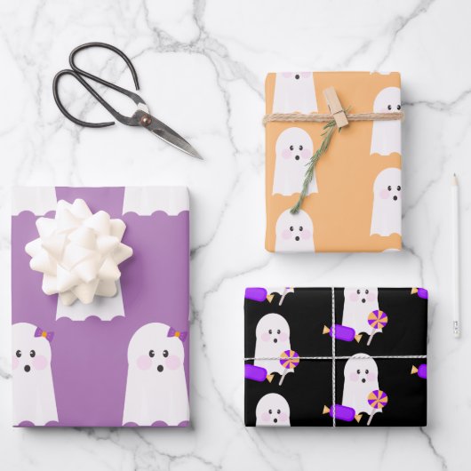 Niedlich Ghost Lila Orange Halloween Ghoul Geschenkpapier Set (Vorderseite)