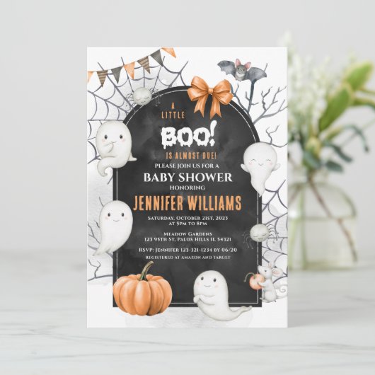 Niedlich Ghost Little Boo Halloween Kinderdusche Einladung (Stehend Vorderseite)