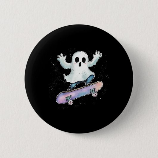 Niedlich Ghost on Skateboard Funny Halloween Skate Button (Vorderseite)