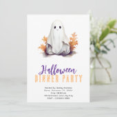 Niedlich Ghost Orange Blätter Halloween Abendessen Einladung (Stehend Vorderseite)