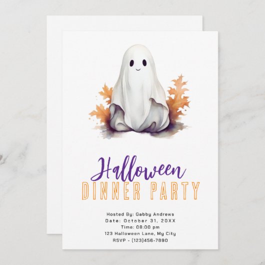 Niedlich Ghost Orange Blätter Halloween Abendessen Einladung (Vorne/Hinten)