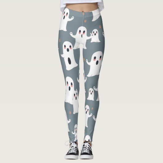Niedlich Ghost Pattern Halloween Spooky Kawaii Des Leggings (Vorderseite)
