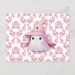 Niedlich Ghost Pink Hexe Hut Pink & White Hallowee Feiertagspostkarte