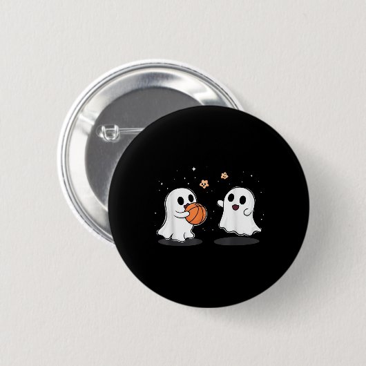 Niedlich Ghost Playing Basketball Witziges Hallowe Button (Vorne & Hinten)