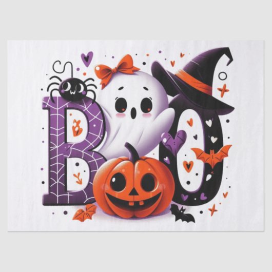 Niedlich Ghost & Pumpkin 'Boo' Halloween Dekoupage Seidenpapier (Vorderseite)