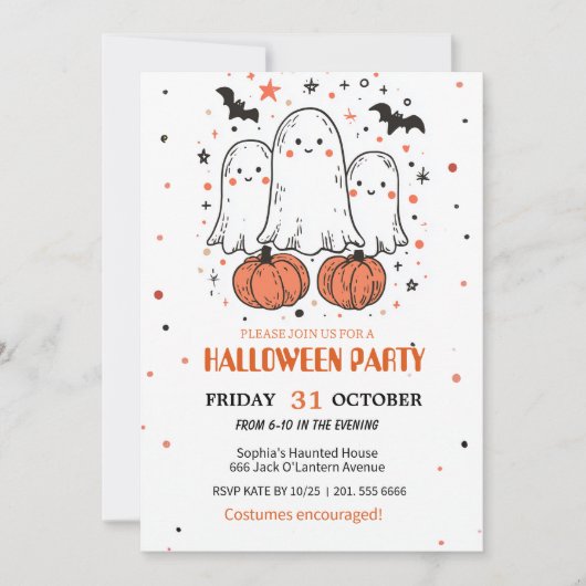Niedlich Ghost & Pumpkin Halloween Einladung (Vorderseite)