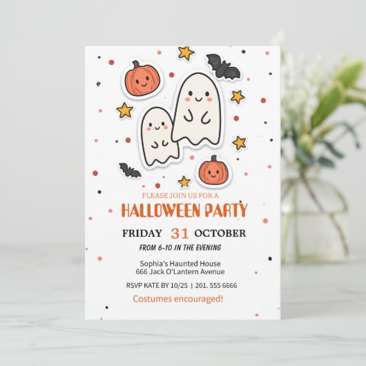 Niedlich Ghost & Pumpkin Halloween Einladung (Stehend Vorderseite)