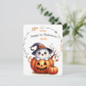 Niedlich Ghost Pumpkin Halloween Feiertagskarte (Stehend Vorderseite)
