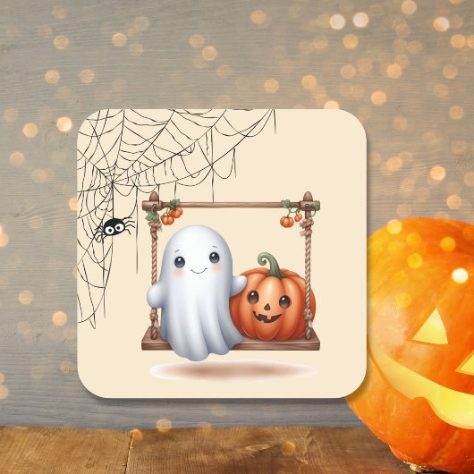 Niedlich Ghost Pumpkin Halloween Quadratischer Aufkleber