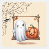 Niedlich Ghost Pumpkin Halloween Quadratischer Aufkleber (Vorderseite)