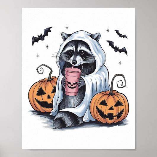 Niedlich Ghost Pumpkin Halloween Raccoon Kostüm Ra Poster (Vorne)