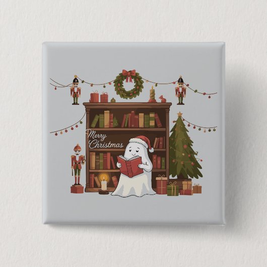 Niedlich Ghost Reading Book Christmas Reading Button (Vorderseite)
