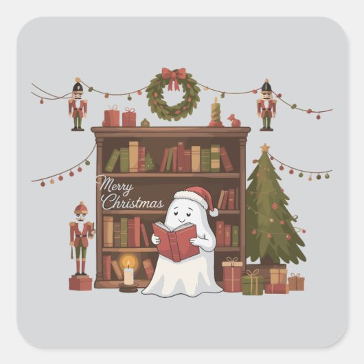 Niedlich Ghost Reading Book Christmas Reading Quadratischer Aufkleber (Vorderseite)