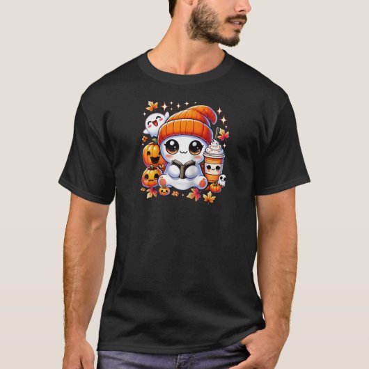 Niedlich Ghost Reading Book Pumpkins Fall Chocolat T-Shirt (Vorderseite)