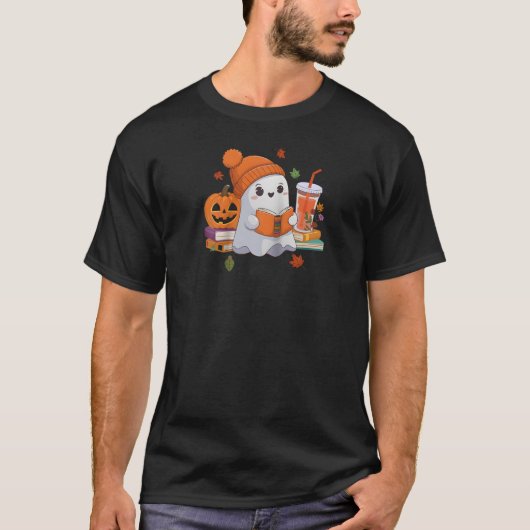 Niedlich Ghost Reading Buch Halloween Coffee Lover T-Shirt (Vorderseite)