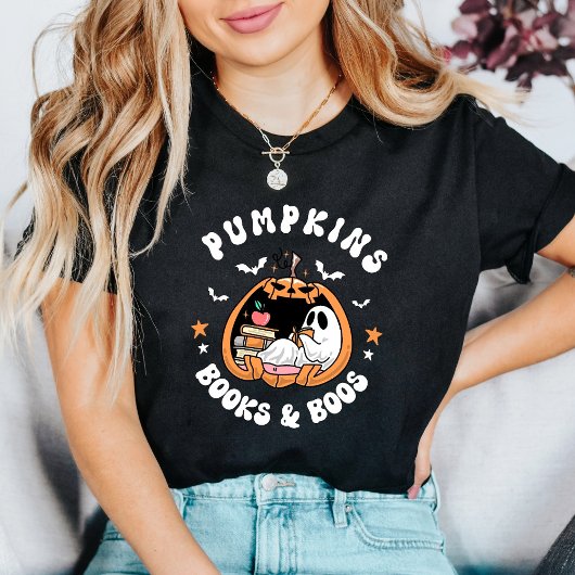 Niedlich Ghost Reading "Pumpkins Books & Boos" Ret T-Shirt