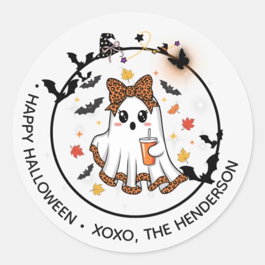 Niedlich Ghost Round Sticker - Halloween Bow & Bat (Vorderseite)