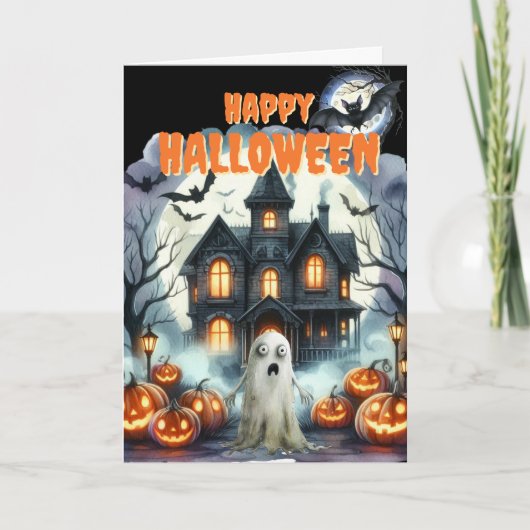 Niedlich Ghost Spuk House Halloween Feiertagskarte (Vorderseite)