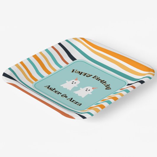 Niedlich Ghost Twins Halloween Stripe Happy Geburt Pappteller (Gewinkelt)