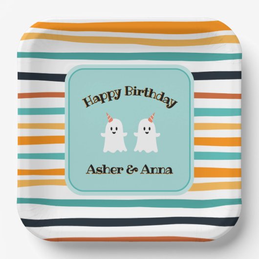 Niedlich Ghost Twins Halloween Stripe Happy Geburt Pappteller (Vorderseite)