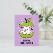 Niedlich Ghost und Apple Lila Halloween-Postkarte Postkarte (Stehend Vorderseite)