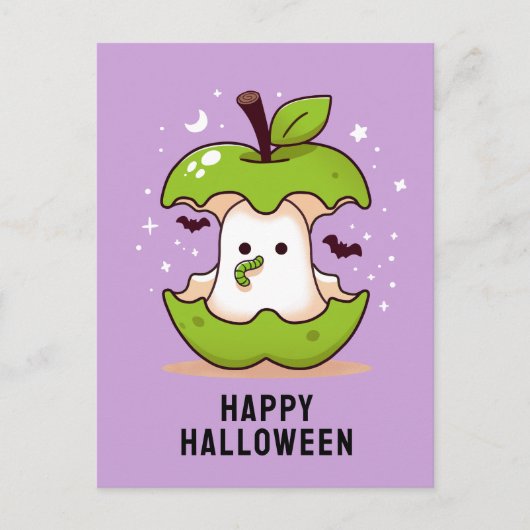 Niedlich Ghost und Apple Lila Halloween-Postkarte Postkarte (Vorderseite)