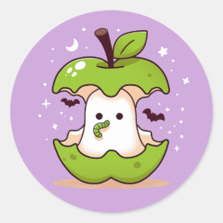 Niedlich Ghost und Apple Lila Halloween Runder Aufkleber