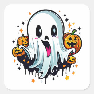 Niedlich Ghost und glückliche Pumpkins Quadratischer Aufkleber