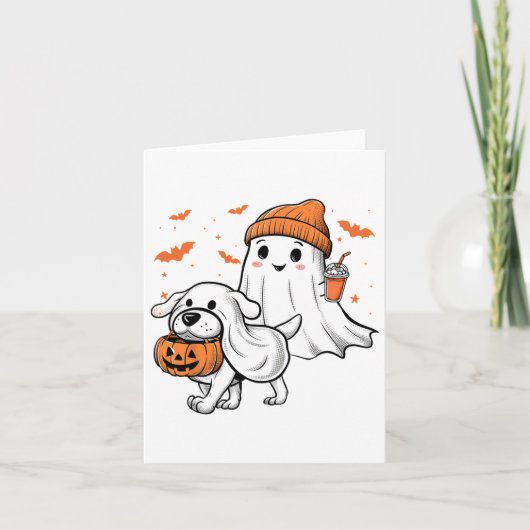 Niedlich Ghost Walking Dog Coquette Bow Halloween  Karte (Vorderseite)