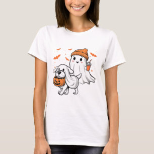 Niedlich Ghost Walking Dog Coquette Bow Halloween T-Shirt