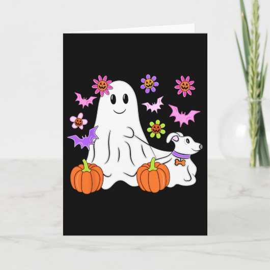Niedlich Ghost Walking Dog Floral Pumpkin Pet Love Karte (Vorderseite)