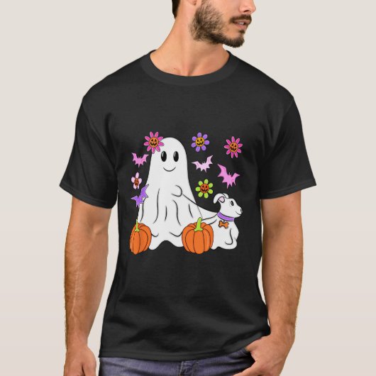 Niedlich Ghost Walking Dog Floral Pumpkin Pet Love T-Shirt (Vorderseite)