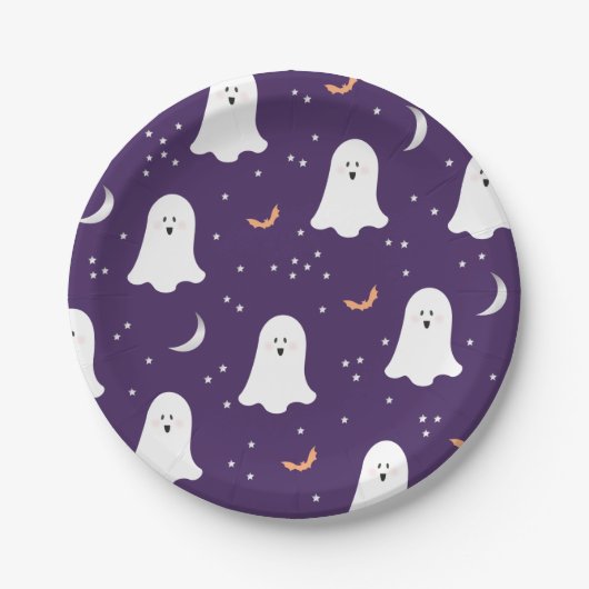 Niedlich Ghosts Halloween Dark Lila Paper Plate Pappteller (Vorderseite)