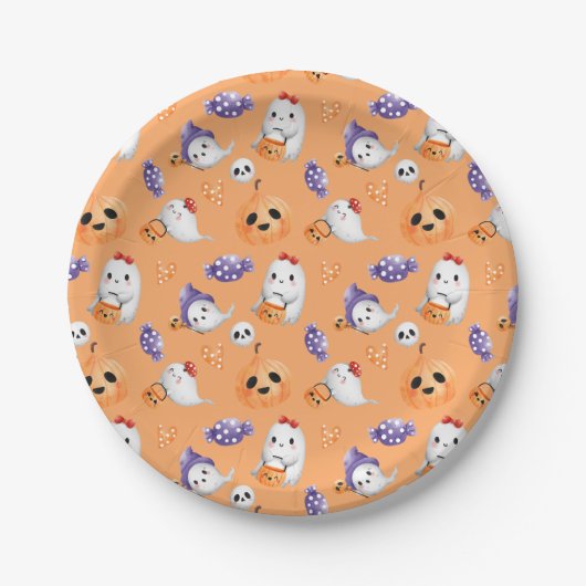 Niedlich Ghosts Muster Orange Halloween Kinderdusc Pappteller (Vorderseite)