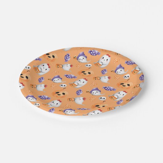 Niedlich Ghosts Muster Orange Halloween Kinderdusc Pappteller (Schrägansicht)