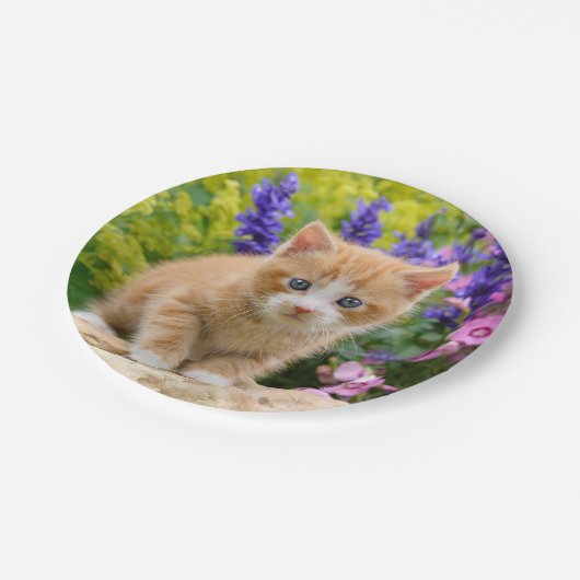 Niedlich Ginger Cat Kitten in Blume - Funny Party Pappteller (Schrägansicht)
