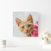 Niedlich Ginger Cat Kitten Watching Foto - Wählsch Quadratische Wanduhr (Zuhause)