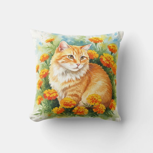 Niedlich Ginger Cat mit Marigold Blume Kissen (Vorderseite)