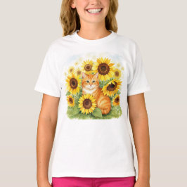 Niedlich Ginger Cat Sunblumen Kinder T - Shirt