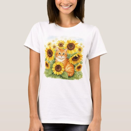 Niedlich Ginger Cat Sunflowers T - Shirt (Vorderseite)