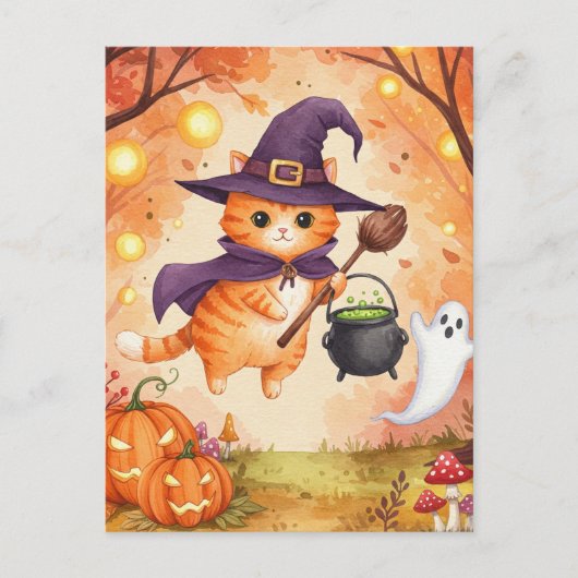 Niedlich Ginger Hexenkatze Halloween Postkarte (Vorderseite)