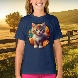 Niedlich Ginger Kitten Autumn Harvest Pumpkins Gir T-Shirt