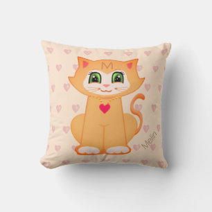 Niedlich Ginger Kitty Cat Cartoon & Hearts on Cora Kissen