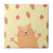 Niedlich Ginger Orange Cat Playing im Herbst Blätt Fliese (Vorderseite)