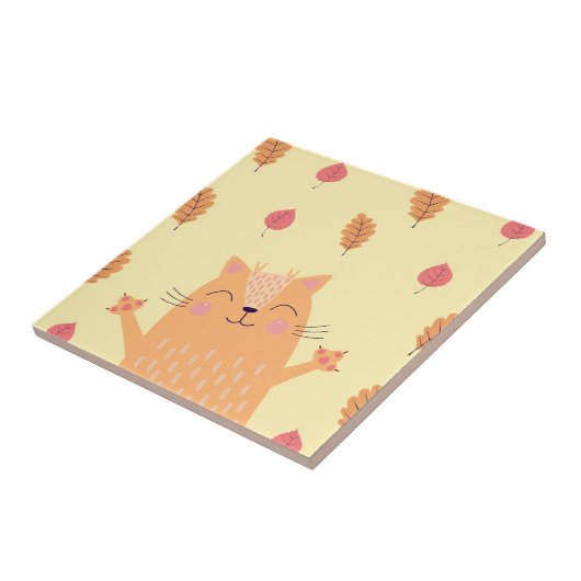 Niedlich Ginger Orange Cat Playing im Herbst Blätt Fliese (Seite)