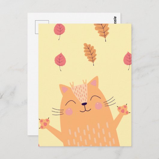 Niedlich Ginger Orange Cat Playing im Herbst Blätt Postkarte (Vorne/Hinten)