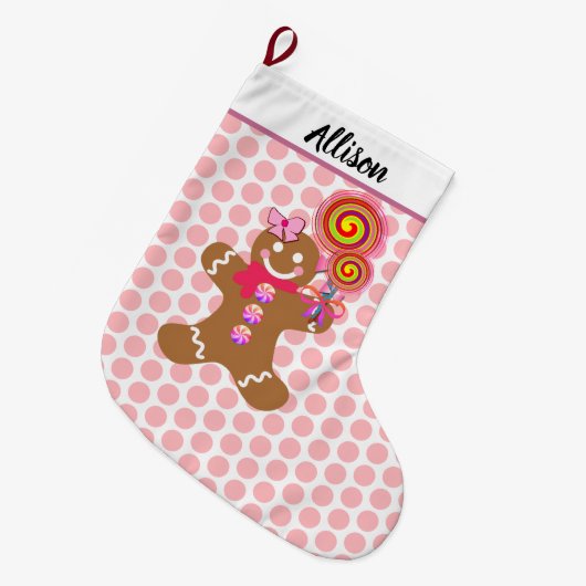 Niedlich Gingerbread Girl Pink Polka Dots Personal Großer Weihnachtsstrumpf (Vorderansicht (hängend))